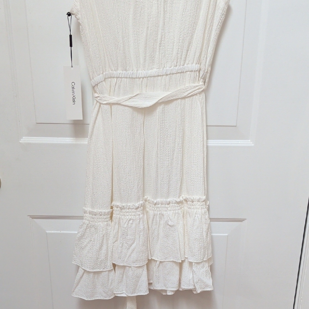 Calvin Klein Cream V-Neck Tiered Midi Dress - Picture 9 of 10